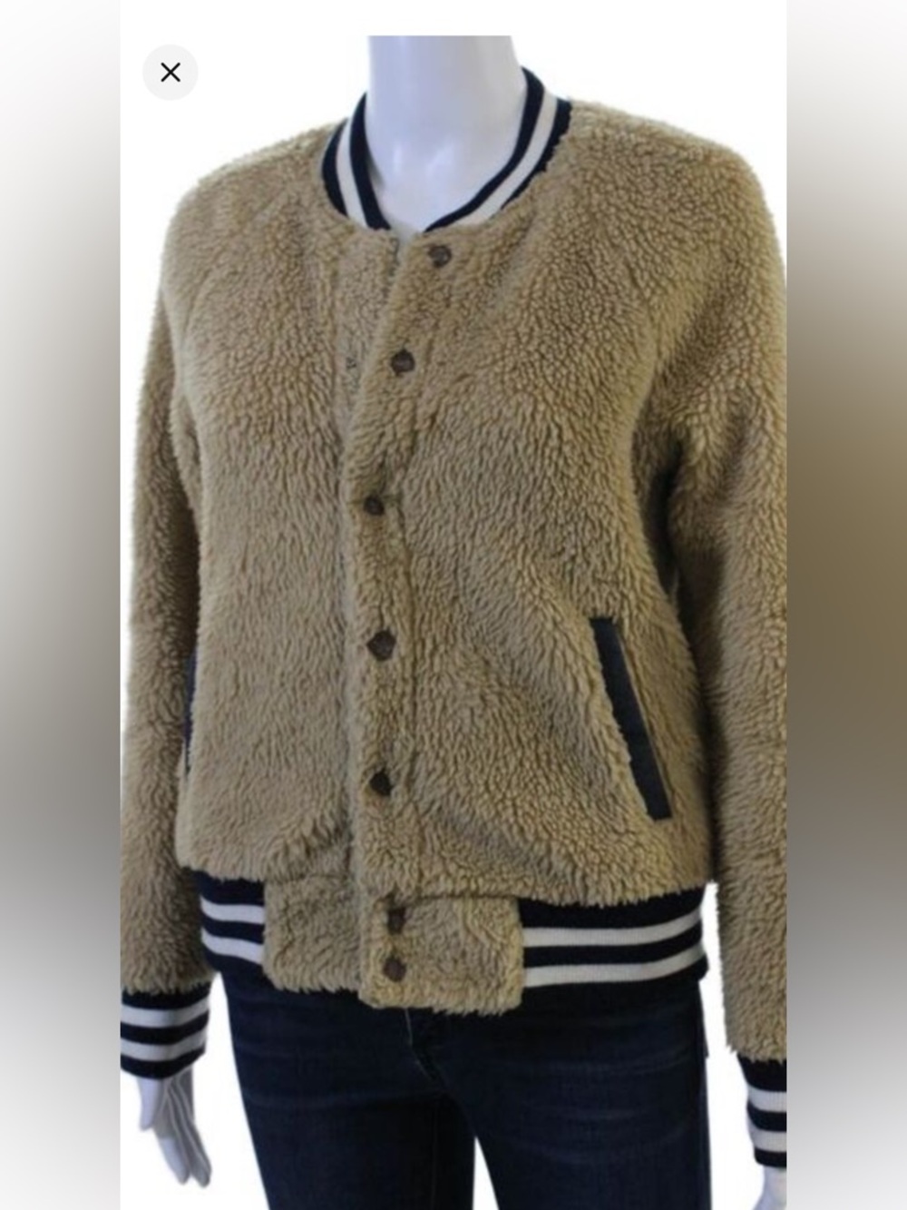 Mother Womens Beige Bomber Jacket Long Sleeve Crew Neck Button Size S